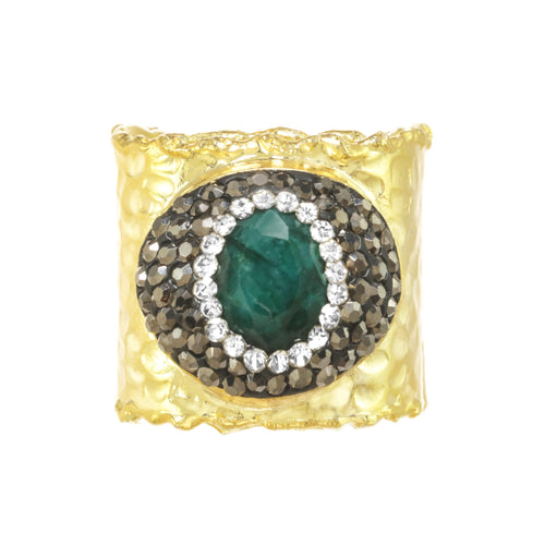 Emerald and Crystal Gold Hammered Ring
