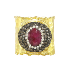 Ruby and Crystal Gold Hammered Ring