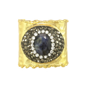 Sapphire and Crystal Gold Hammered Ring
