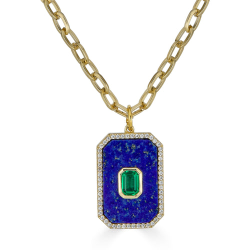 Lapis Rectangular Pendant Necklace with Emerald Zirconia