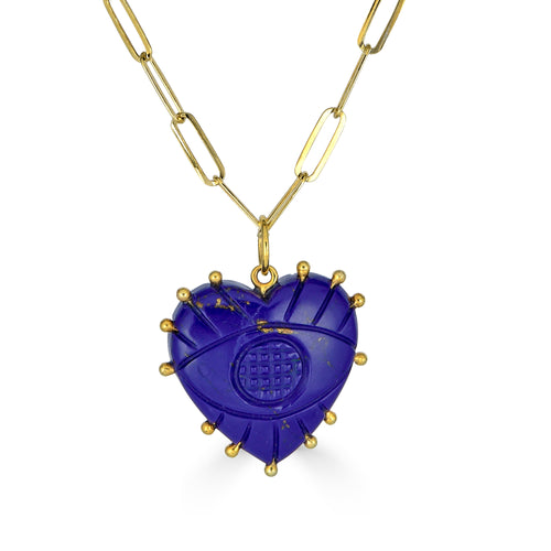 Blue Lapis Heart Pendant Necklace with Evil Eye Motif