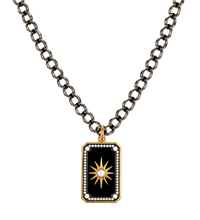 Load image into Gallery viewer, Black Onyx Starburst Pendant On Oxidized Silver Rolo Chain