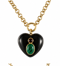 Load image into Gallery viewer, Onyx Heart Necklace with Malachite &amp; Garnet