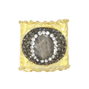 Labradorite and Crystal Gold Hammered Ring