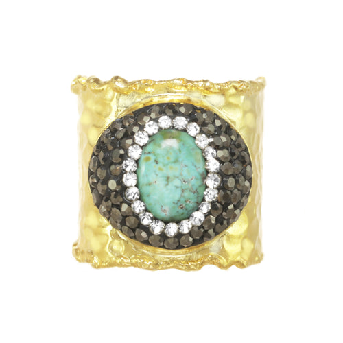 Turquoise and Crystal Gold Hammered Ring